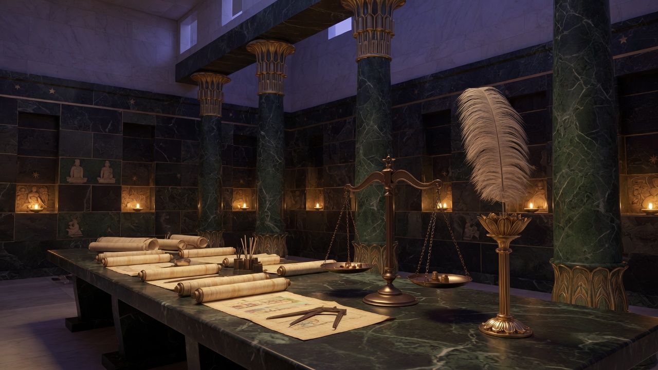 The hall of learning: columns, lamps, scales, and the feather of truth